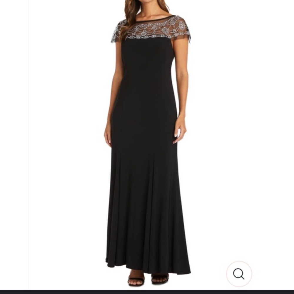 R & M Richards, Maxi gown with Scheer beaded cap sleeves, formal dress